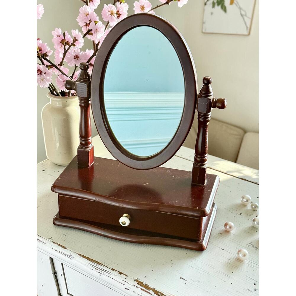 Vintage Style Vanity Mirror w Drawer-Traditional Tabletop-Mahogany Tone-Classic - Picture 10 of 10